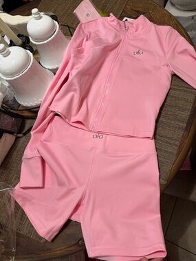 Alo Pink Zip-Up Crop Jacket & High-Waist Bike Shorts Set